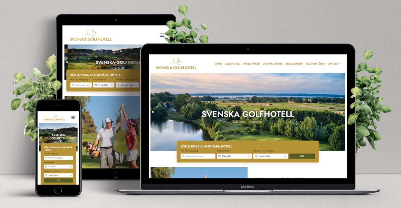 Exempel på en Webfinity-webbplats: Svenska Golfhotell visad på mobil, surfplatta och laptop